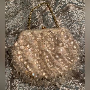 VTG. 50’S RICHERE BY WALBORG EVENING BAG CREME and Clear Beads